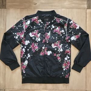 G-NET Floral Bomber Jacket Black Pink Roses Zip Up Size M